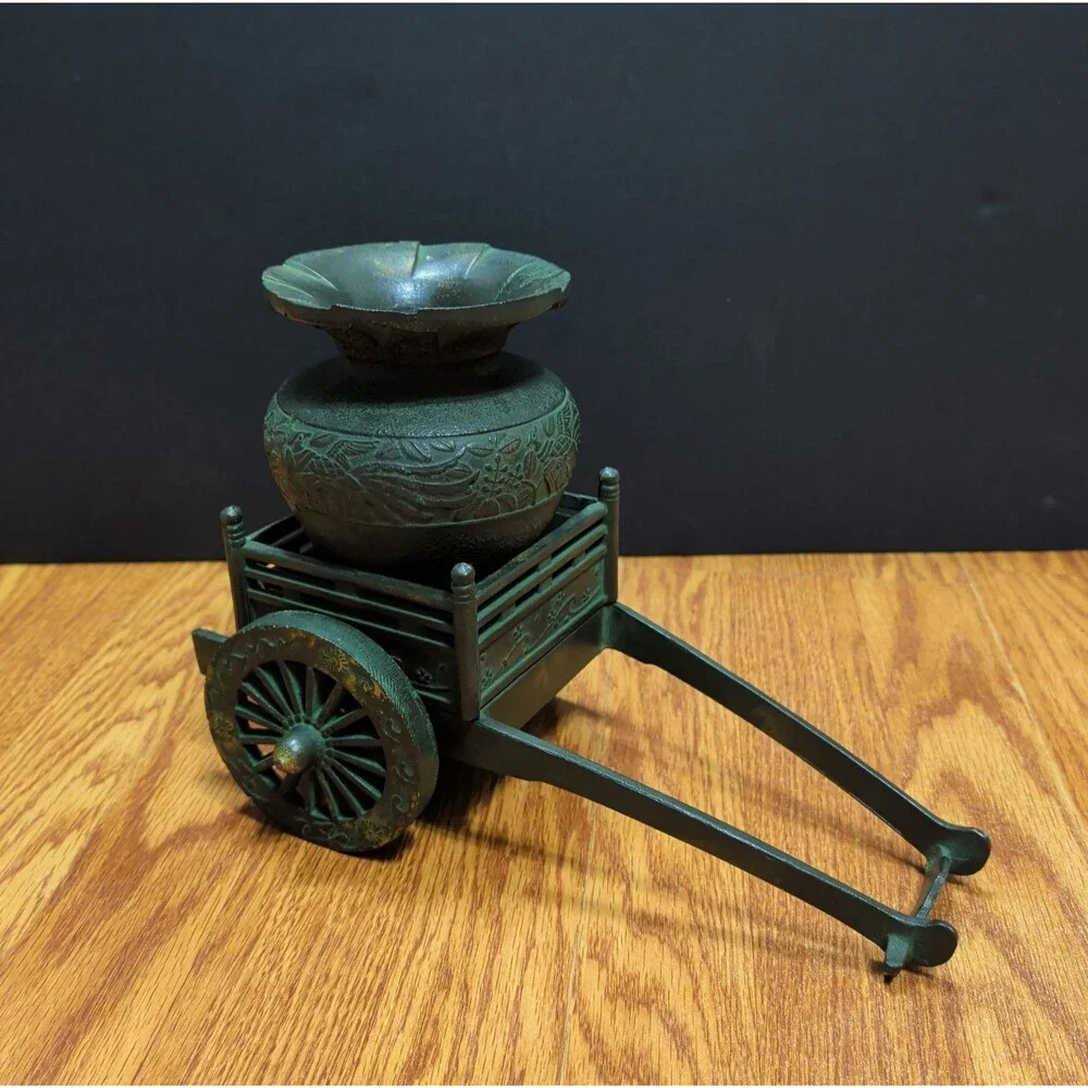 Heavy Cast Iron Japanese Flower Cart And Vase